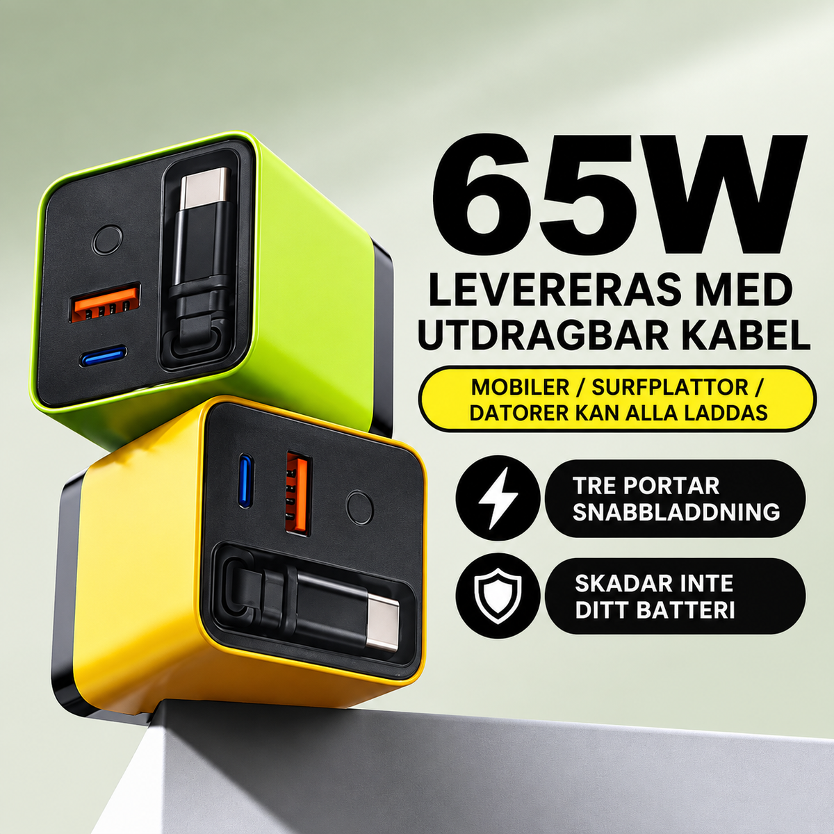 LaddKub™ - 65W snabbladdare med utdragbar USB-C-kabel