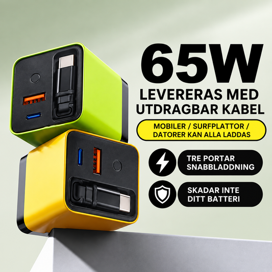LaddKub™ - 65W snabbladdare med utdragbar USB-C-kabel