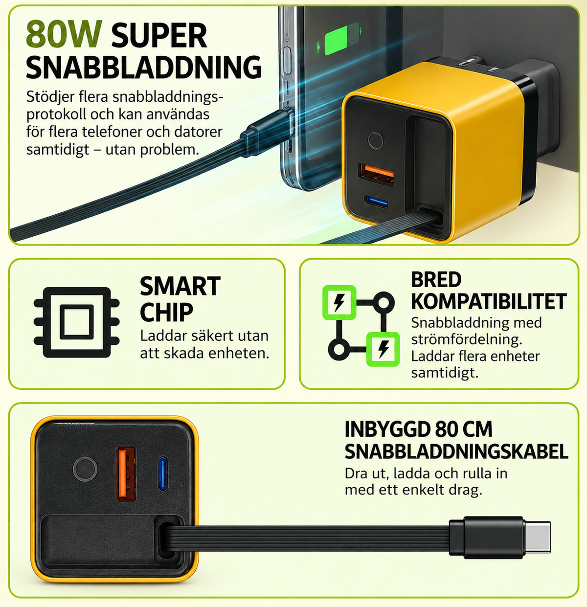 LaddKub™ - 65W snabbladdare med utdragbar USB-C-kabel