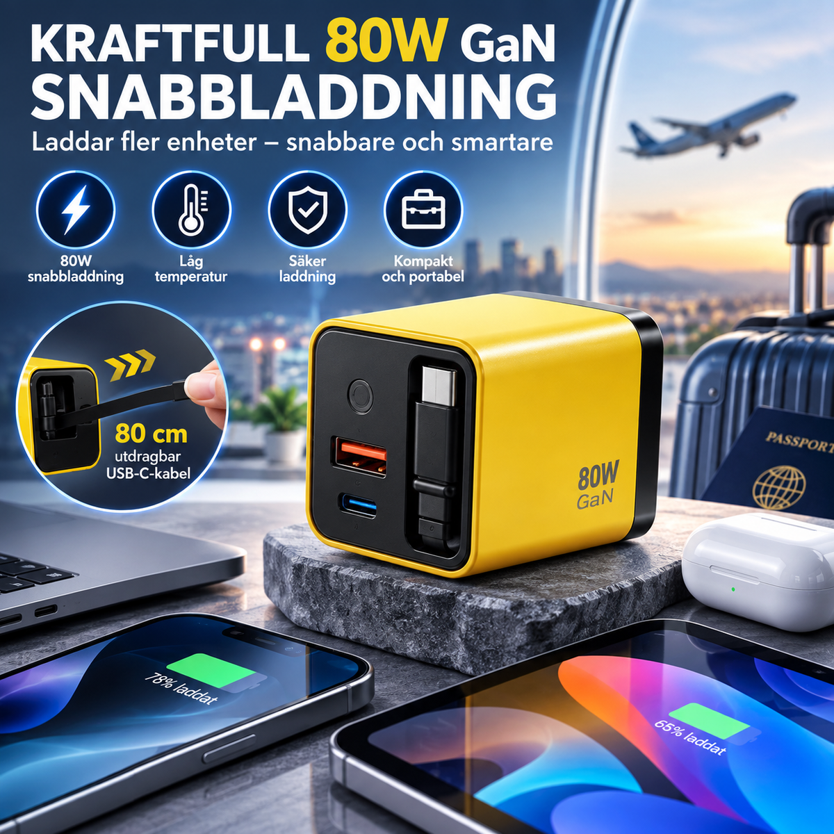 LaddKub™ - 65W snabbladdare med utdragbar USB-C-kabel