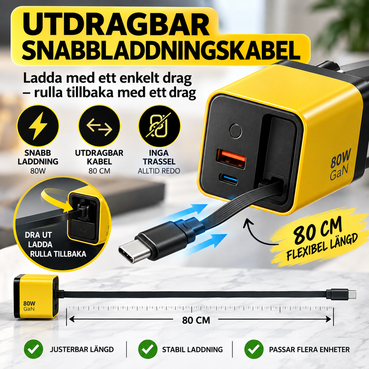 LaddKub™ - 65W snabbladdare med utdragbar USB-C-kabel