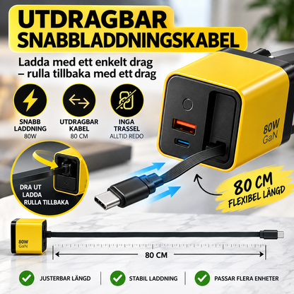 LaddKub™ - 65W snabbladdare med utdragbar USB-C-kabel