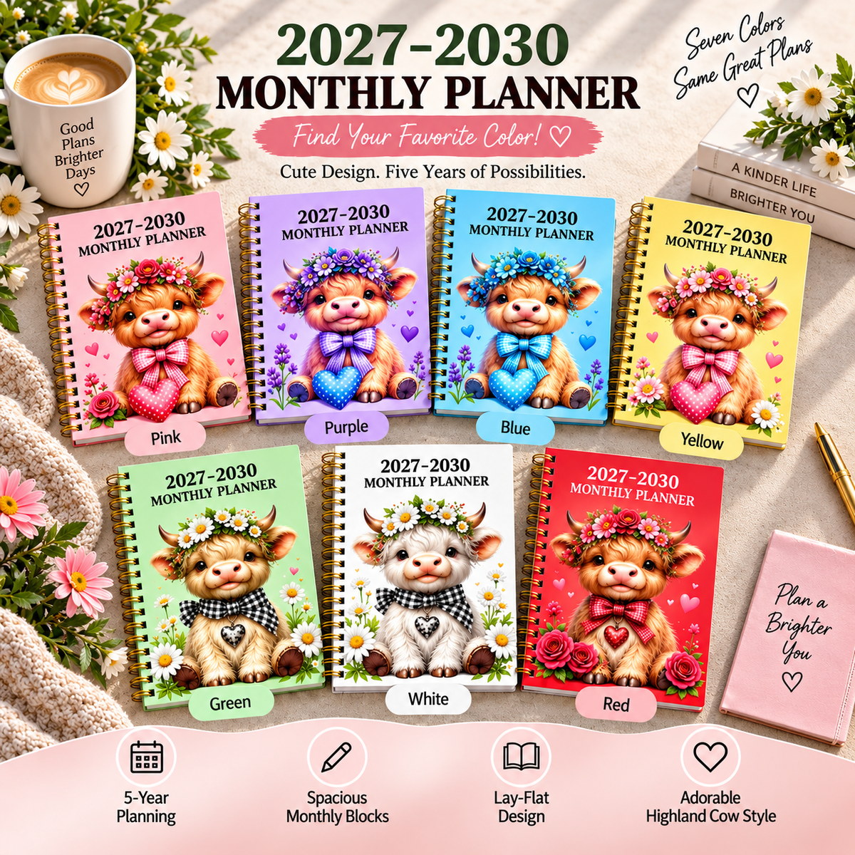 PlanDröm™ – Månadsplanerare 2026–2030 med Highland Cow-design