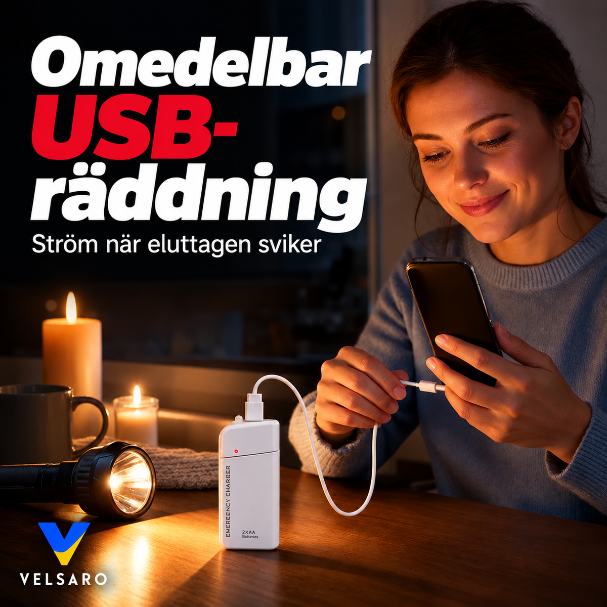 NödKraft™ - Portabel nödladdare med AA-batterier & LED-lampa