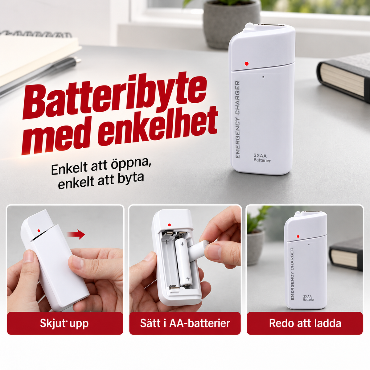 NödKraft™ - Portabel nödladdare med AA-batterier & LED-lampa